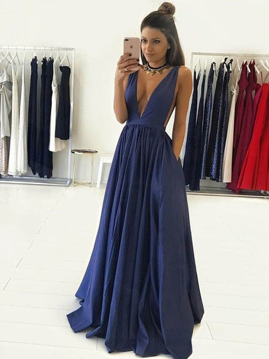 A-Line/Princess V-neck Sleeveless Floor-Length Taffeta Dresses DEP0001864