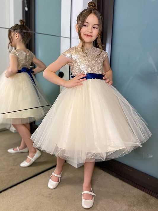 A-Line/Princess Tulle Sash/Ribbon/Belt Scoop Short Sleeves Knee-Length Flower Girl Dresses DEP0007482