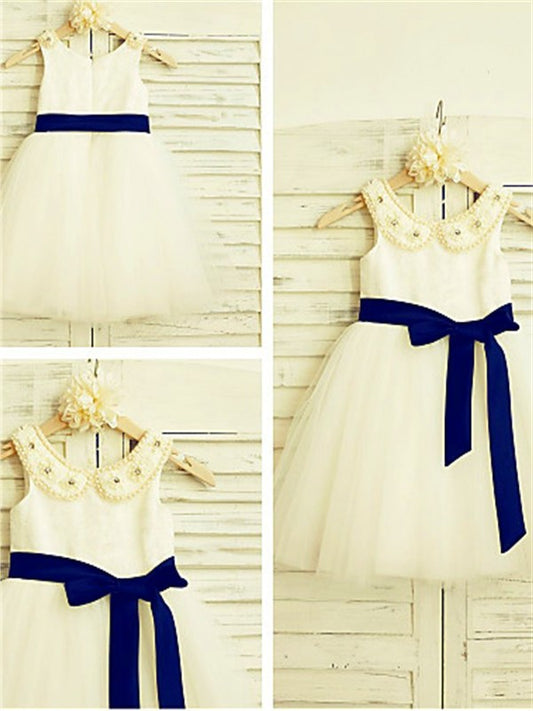 A-line/Princess Scoop Sleeveless Bowknot Tea-Length Tulle Flower Girl Dresses DEP0007905