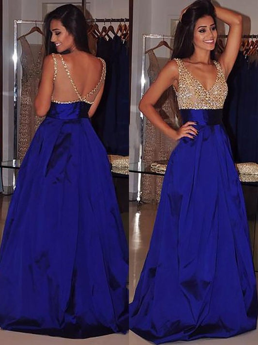 A-Line/Princess V-neck Sleeveless Sweep/Brush Train Beading Satin Dresses DEP0002163