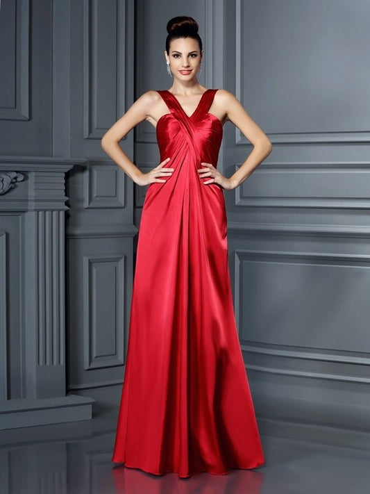 A-Line/Princess Straps Sleeveless Long Elastic Woven Satin Bridesmaid Dresses DEP0005223