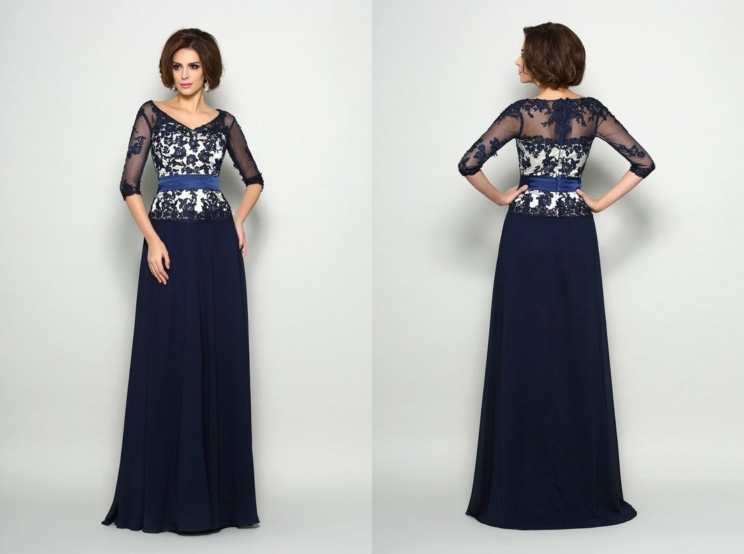 A-Line/Princess V-neck Beading 1/2 Sleeves Long Chiffon Mother of the Bride Dresses DEP0007408