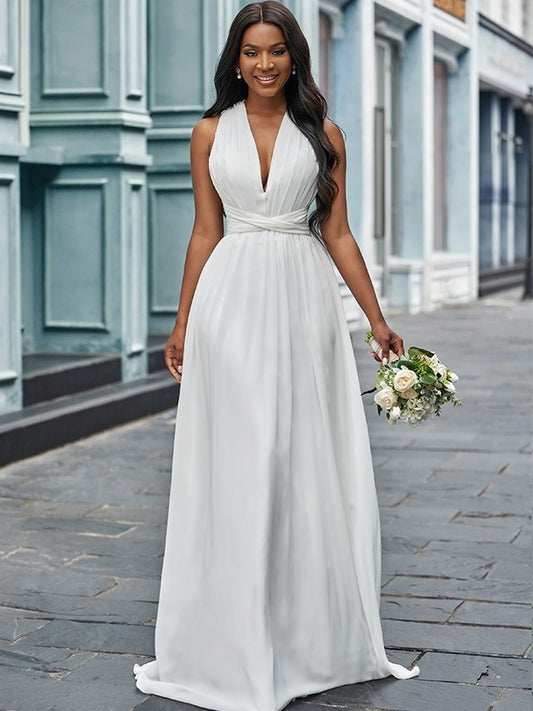 A-Line/Princess Chiffon Halter Ruched Sleeveless Floor-Length Wedding Dresses DEP0006674