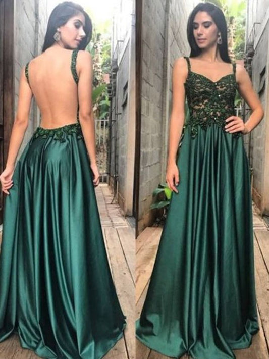 A-Line/Princess Straps Sleeveless Floor-Length Applique Ruched Satin Dresses DEP0003003