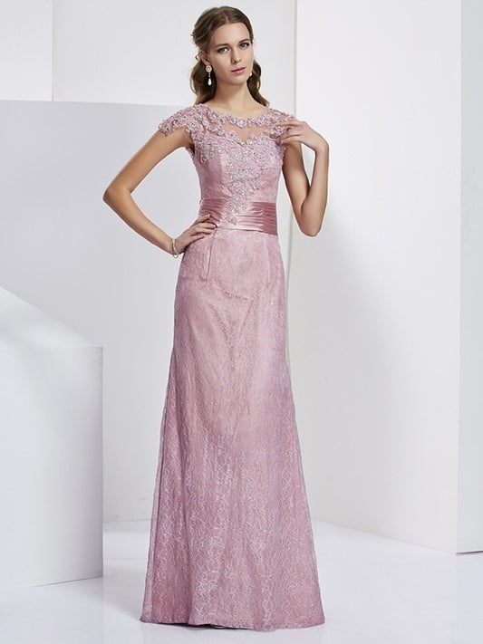 Sheath/Column High Neck Short Sleeves Lace Long Elastic Woven Satin Mother of the Bride Dresses DEP0007312