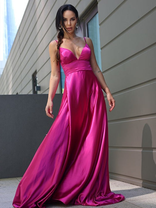 A-Line/Princess Silk like Satin Ruffles V-neck Sleeveless Sweep/Brush Train Dresses DEP0001663