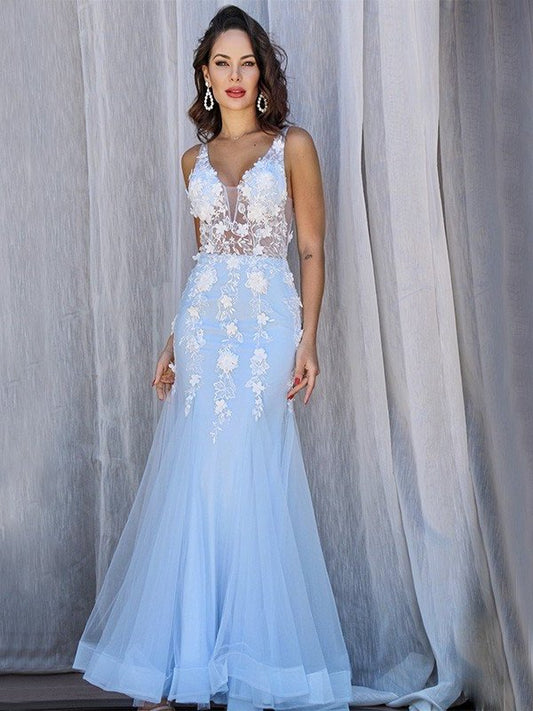 Trumpet/Mermaid Tulle V-neck Sleeveless Applique Floor-Length Dresses DEP0001554