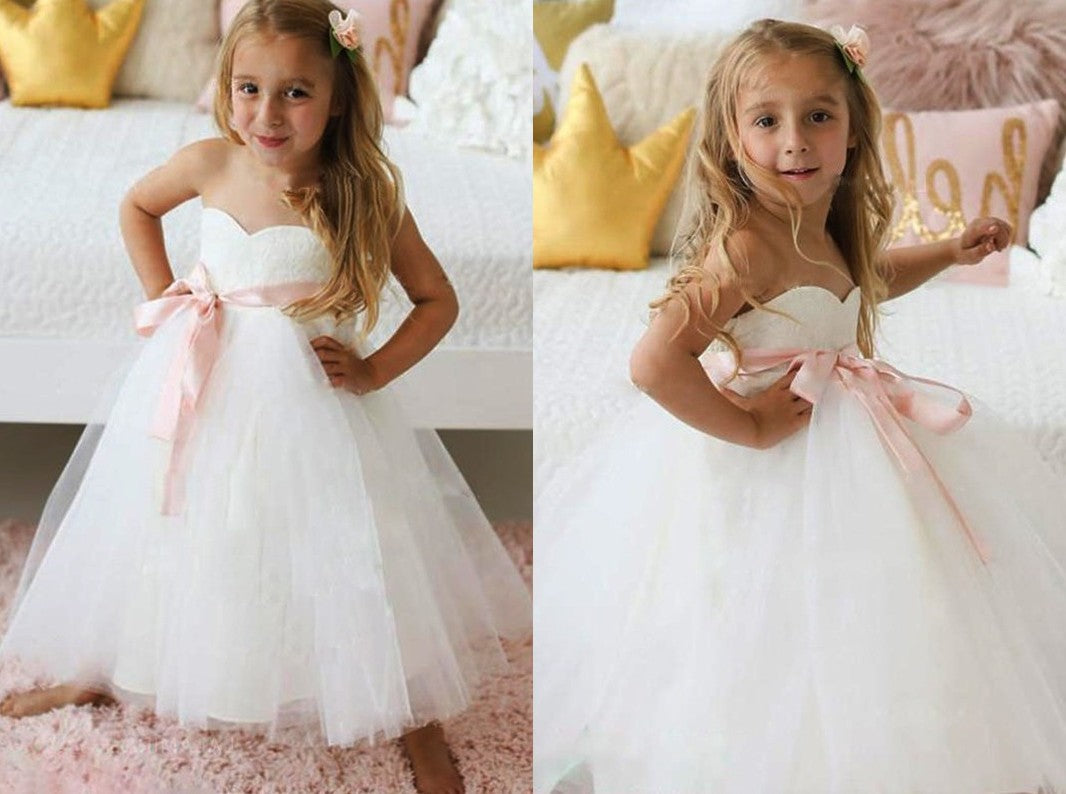 A-Line/Princess Tulle Sash/Ribbon/Belt Sweetheart Sleeveless Ankle-Length Flower Girl Dresses DEP0007799