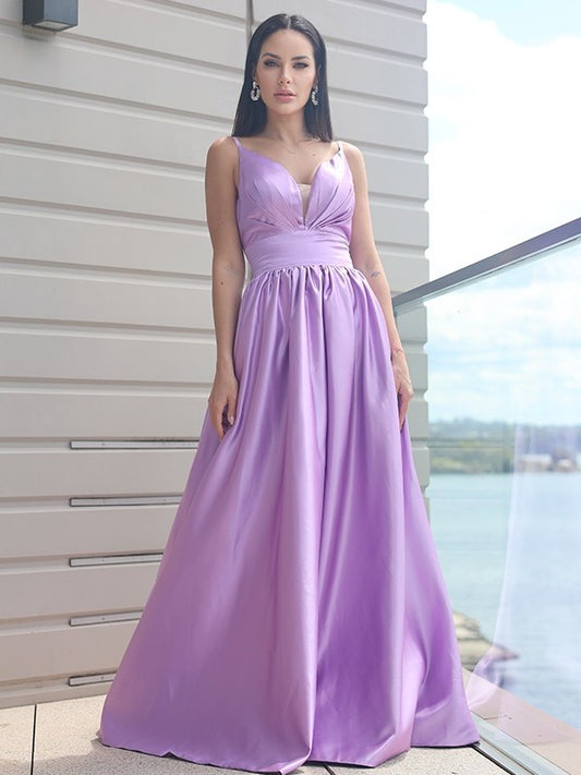 A-Line/Princess Satin Ruched V-neck Sleeveless Sweep/Brush Train Dresses DEP0001754