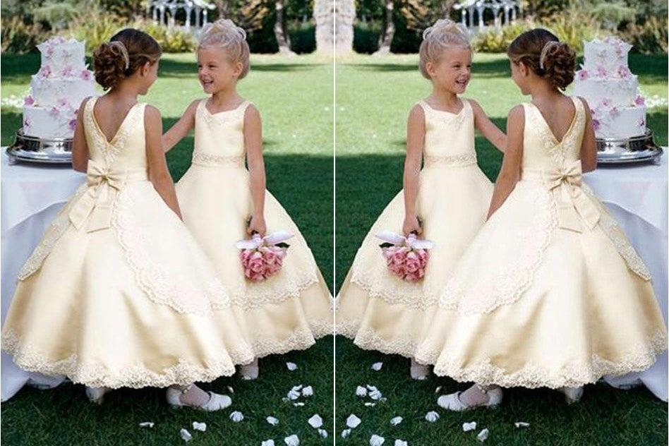 Ball Gown Scoop Sleeveless Bowknot Long Satin Flower Girl Dresses DEP0007625