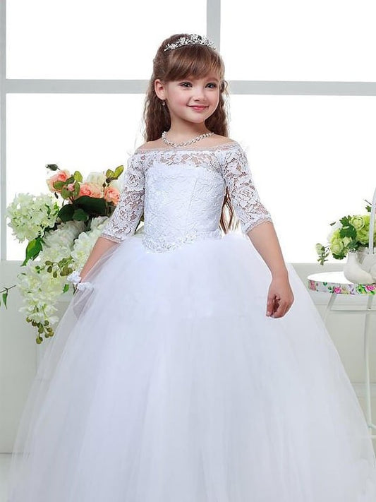 Ball Gown Off-the-Shoulder 1/2 Sleeves Lace Floor-Length Tulle Flower Girl Dresses DEP0007578