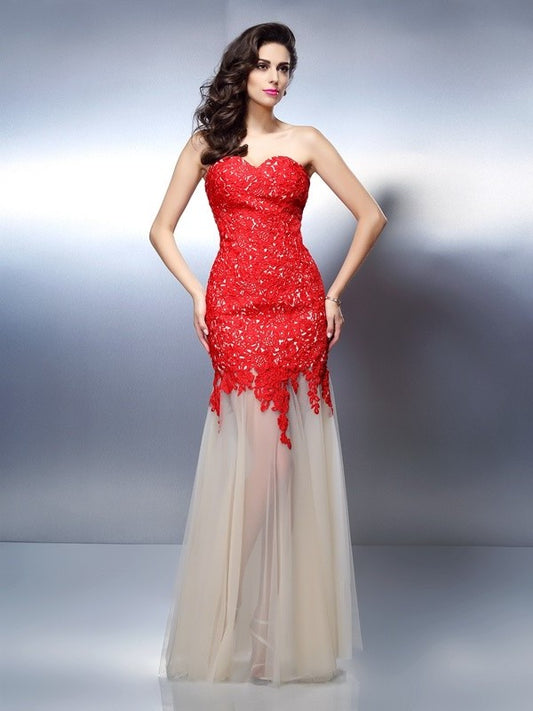 A-Line/Princess Sweetheart Applique Sleeveless Long Net Dresses DEP0004081