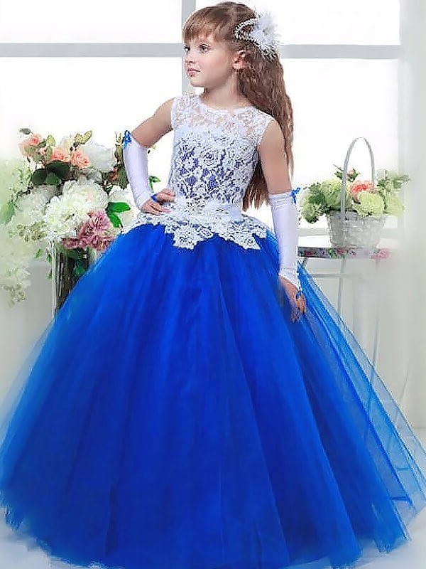 Ball Gown Jewel Sleeveless Lace Floor-Length Tulle Flower Girl Dresses DEP0007582