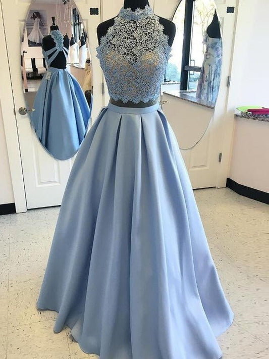 Ball Gown High Neck Sleeveless Floor-Length Applique Satin Two Piece Dresses DEP0001869