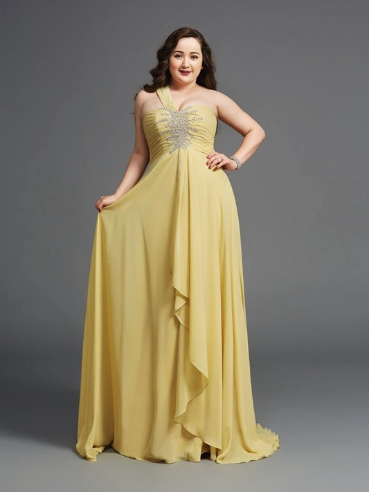 A-Line/Princess One-Shoulder Rhinestone Sleeveless Long Chiffon Plus Size Dresses DEP0003729