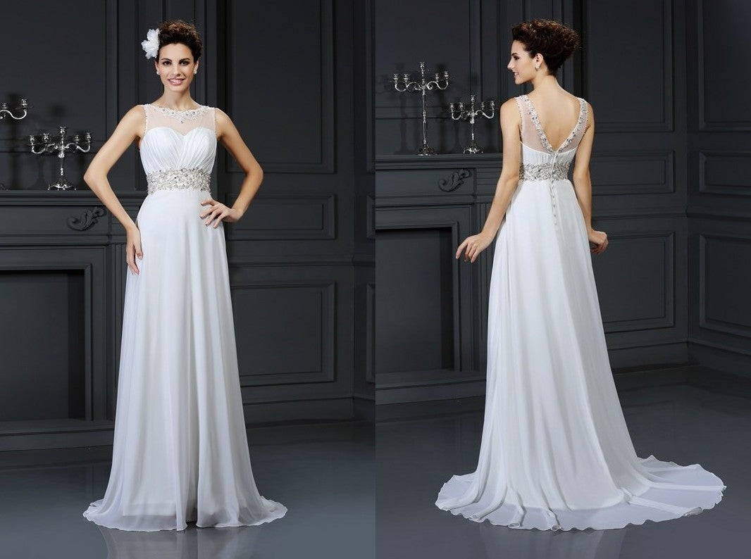 A-Line/Princess Bateau Ruffles Sleeveless Long Chiffon Wedding Dresses DEP0006616