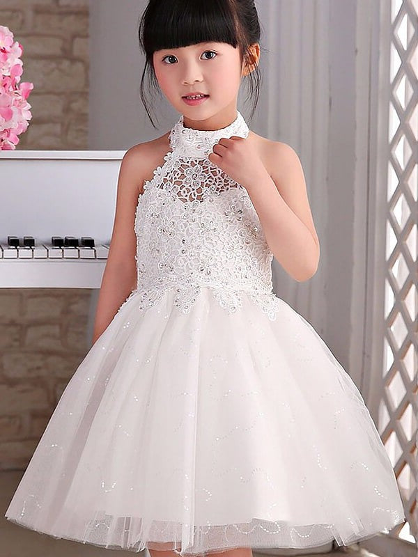 A-line/Princess Halter Sleeveless Beading Tulle Knee-Length Flower Girl Dresses DEP0007606