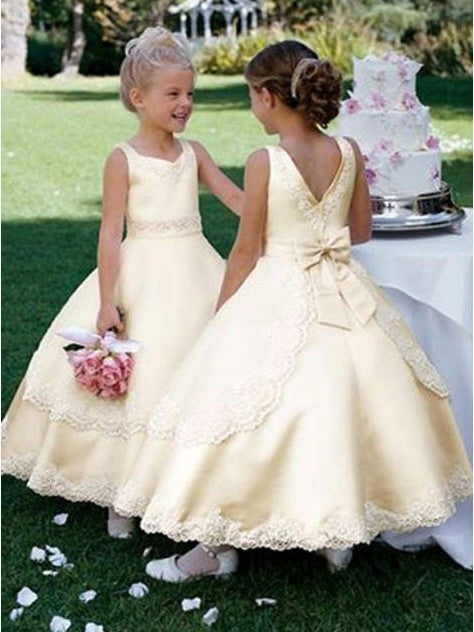 Ball Gown Scoop Sleeveless Bowknot Long Satin Flower Girl Dresses DEP0007625