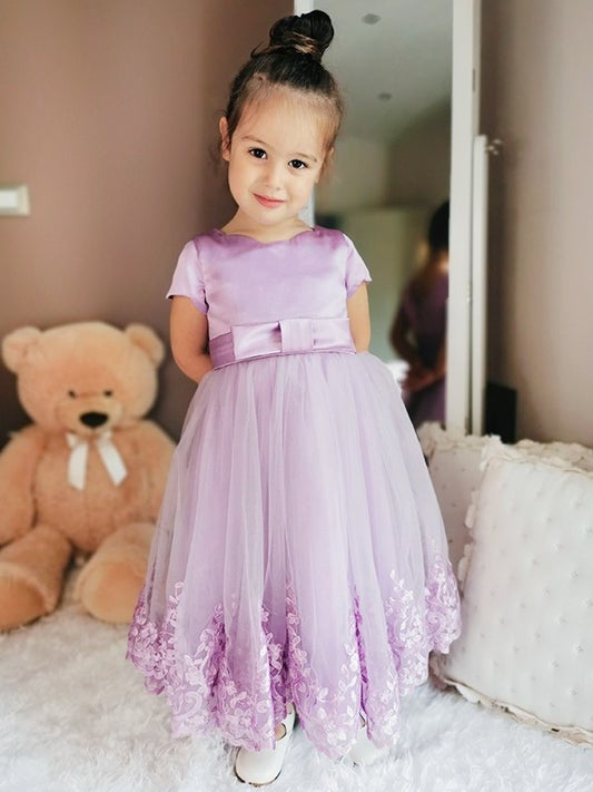 A-Line/Princess Tulle Lace Scoop Short Sleeves Ankle-Length Flower Girl Dresses DEP0007467