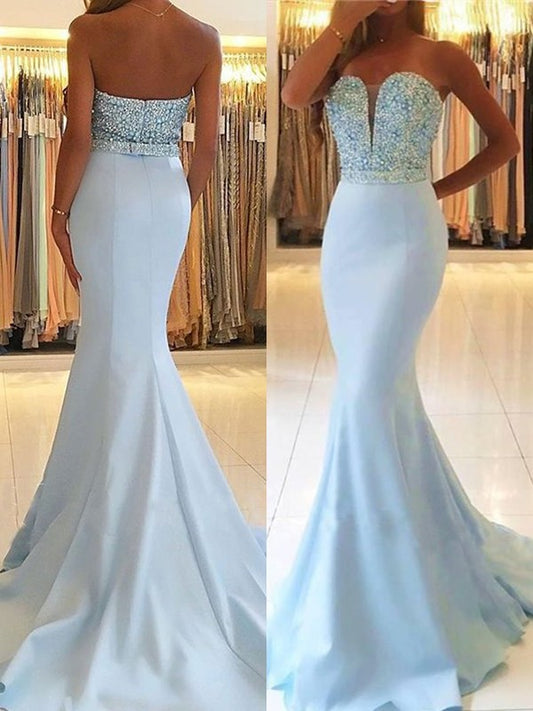 Trumpet/Mermaid Sleeveless Sweetheart Sweep/Brush Train Beading Satin Dresses DEP0002227