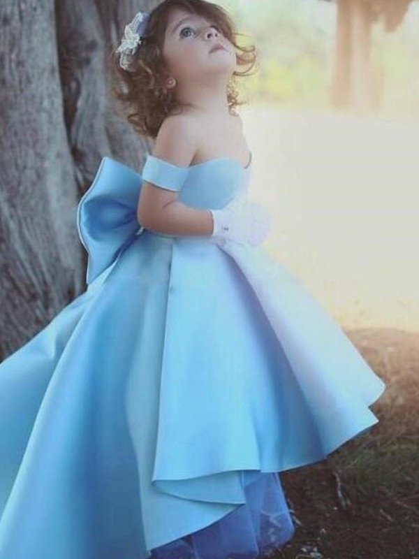 Ball Gown Off-the-Shoulder Ruffles Satin Sleeveless Asymmetrical Flower Girl Dresses DEP0007593