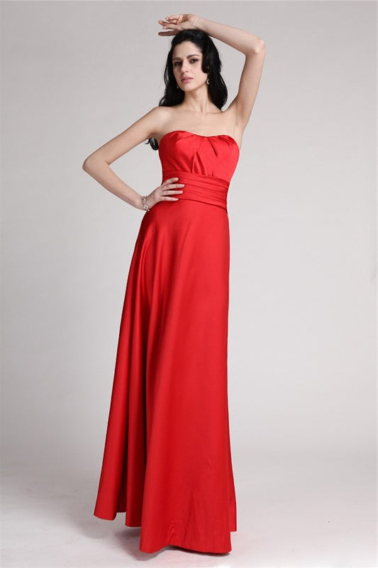 A-Line/Princess Strapless Sleeveless Pleats Long Elastic Woven Satin Bridesmaid Dresses DEP0005835