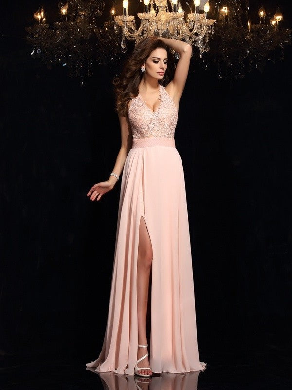 A-Line/Princess Halter Lace Sleeveless Long Chiffon Dresses DEP0001882