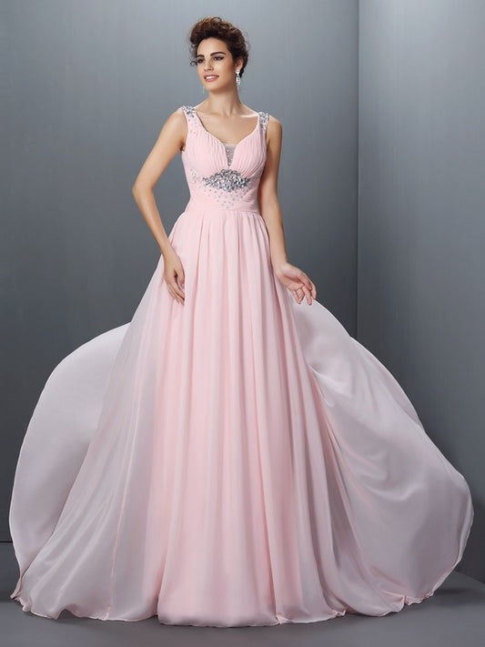 A-Line/Princess Straps Beading Sleeveless Long Chiffon Dresses DEP0003521