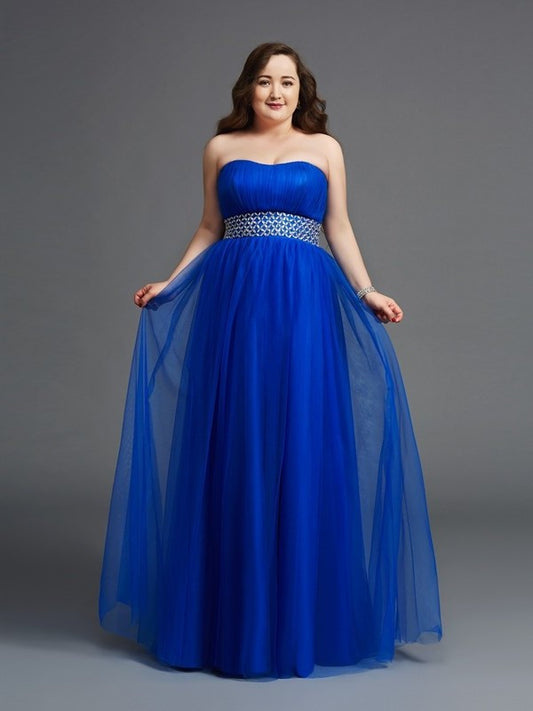 A-Line/Princess Strapless Rhinestone Sleeveless Long Net Plus Size Dresses DEP0003438