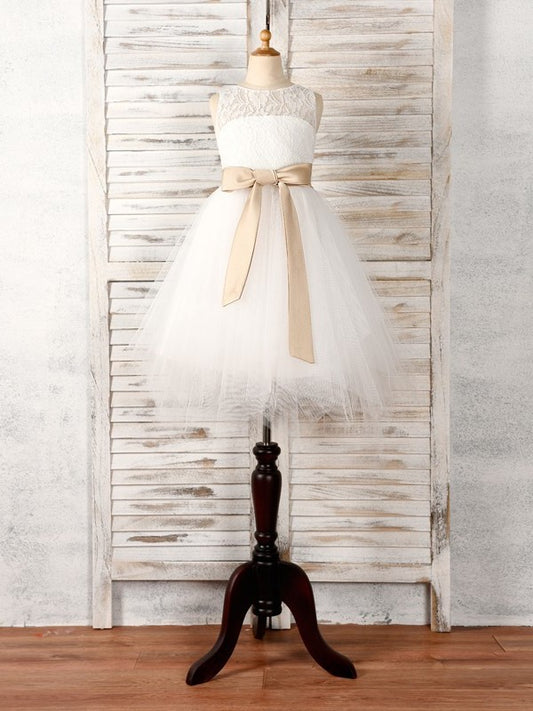 A-Line/Princess Tulle Sash/Ribbon/Belt Scoop Sleeveless Tea-Length Flower Girl Dresses DEP0007525