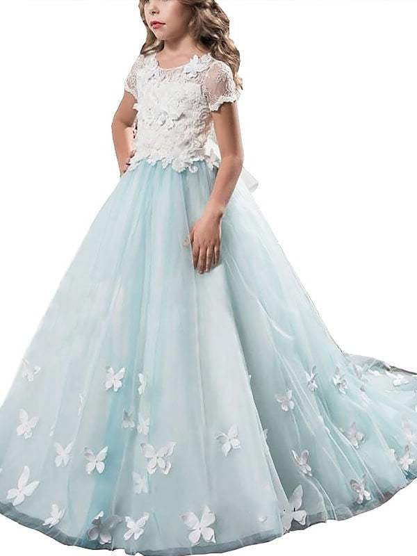 A-line/Princess Scoop Short Sleeves Lace Tulle Floor-Length Flower Girl Dresses DEP0007583