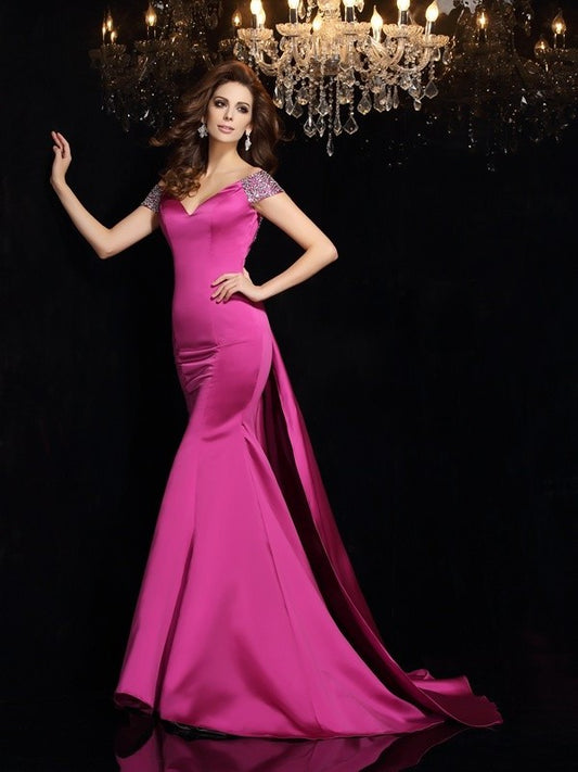 Trumpet/Mermaid Off-the-Shoulder Beading Sleeveless Long Satin Dresses DEP0002043