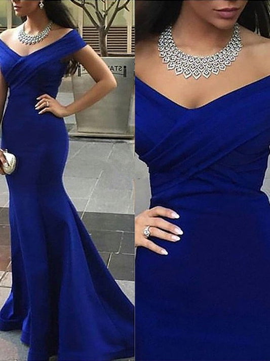 Trumpet/Mermaid Off-the-Shoulder Sleeveless Satin Sweep/Brush Train Dresses DEP0001675