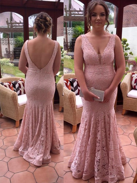 Trumpet/Mermaid V-neck Sleeveless Beading Floor-Length Lace Plus Size Dresses DEP0003371