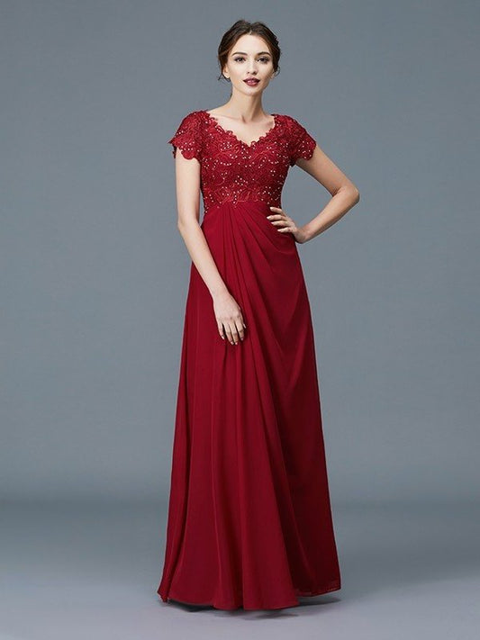 A-Line/Princess V-neck Short Sleeves Ruffles Chiffon Floor-Length Mother of the Bride Dresses DEP0007213