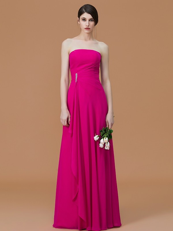 A-Line/Princess Strapless Sleeveless Floor-Length Ruffles Chiffon Bridesmaid Dresses DEP0005756