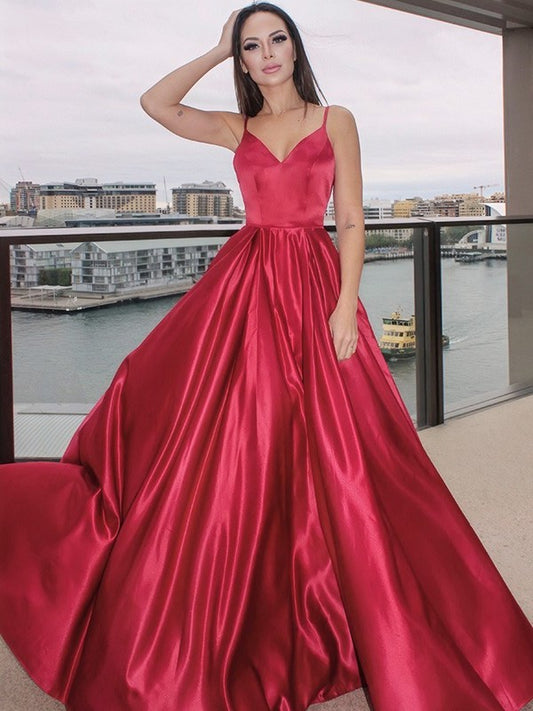 A-Line/Princess Sleeveless Ruffles V-neck Satin Floor-Length Dresses DEP0001504