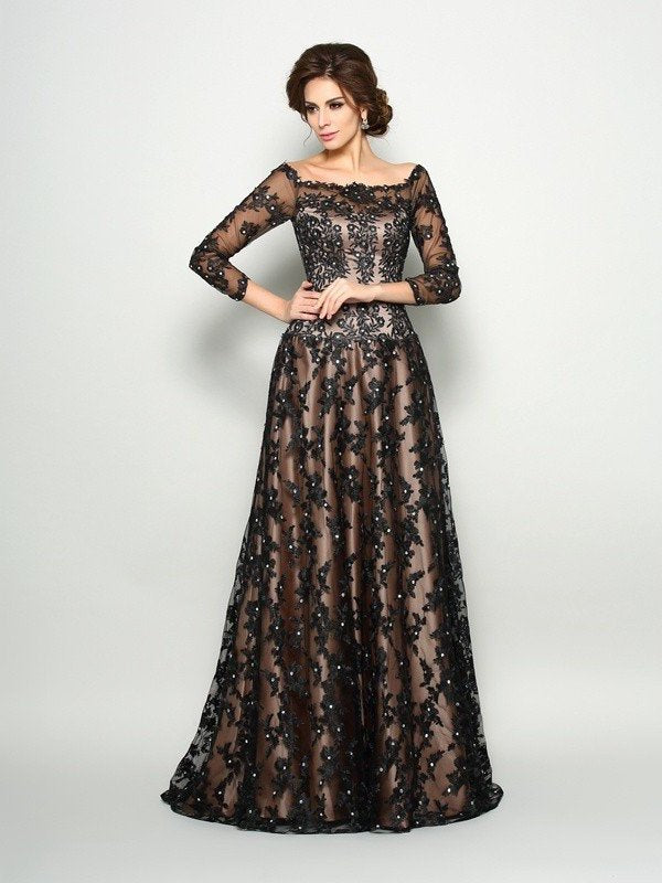 A-Line/Princess Off-the-Shoulder Lace 3/4 Sleeves Long Satin Mother of the Bride Dresses DEP0007102