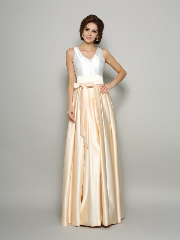 A-Line/Princess V-neck Bowknot Sleeveless Long Satin Mother of the Bride Dresses DEP0007287