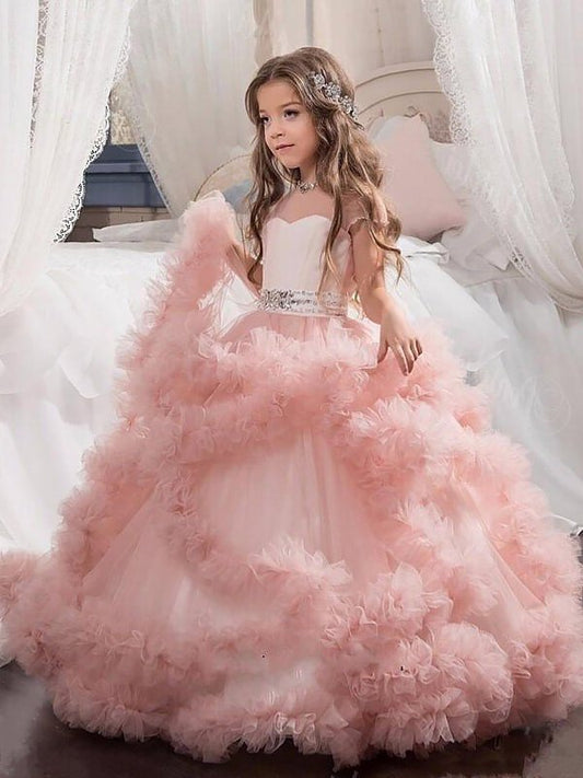 Ball Gown Jewel Short Sleeves Crystal Floor-Length Tulle Flower Girl Dresses DEP0007491