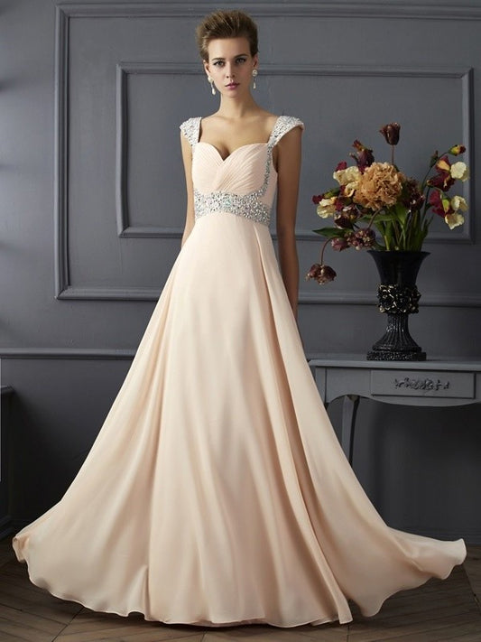 A-Line/Princess Straps Sleeveless Long Beading Chiffon Dresses DEP0002818