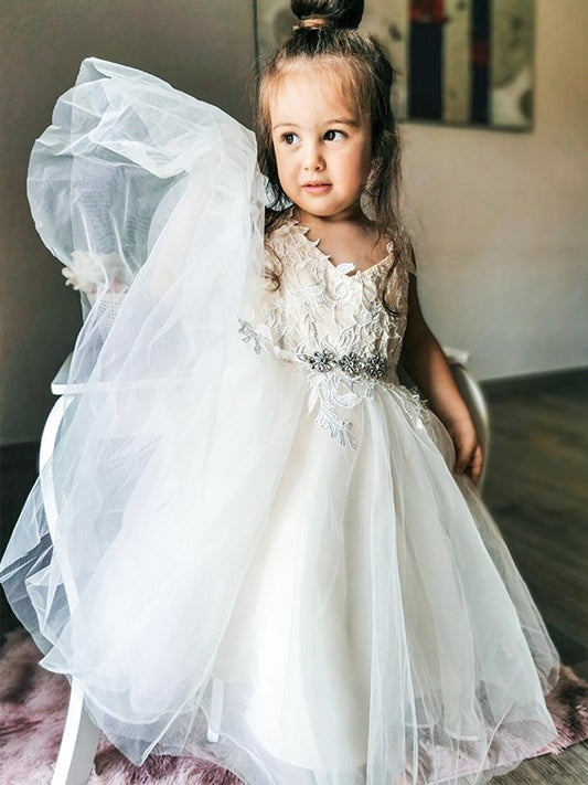 A-Line/Princess Tulle Lace V-neck Sleeveless Ankle-Length Flower Girl Dresses DEP0007460