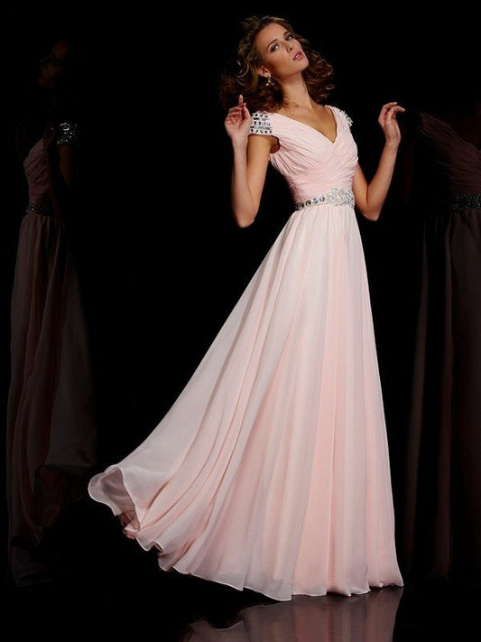 A-Line/Princess V-neck Short Sleeves Ruffles Long Chiffon Dresses DEP0002299