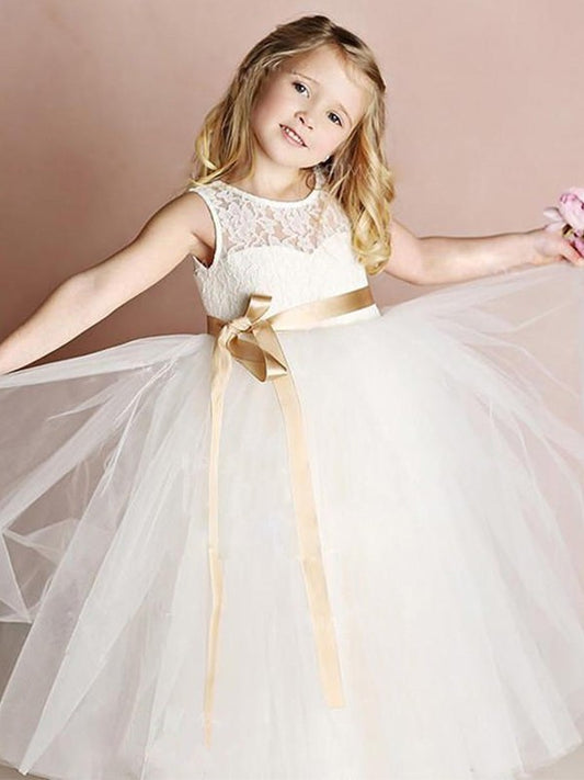 A-Line/Princess Tulle Sash/Ribbon/Belt Scoop Sleeveless Floor-Length Flower Girl Dresses DEP0007817