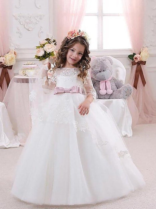 Ball Gown Jewel 1/2 Sleeves Lace Floor-Length Tulle Flower Girl Dresses DEP0007595