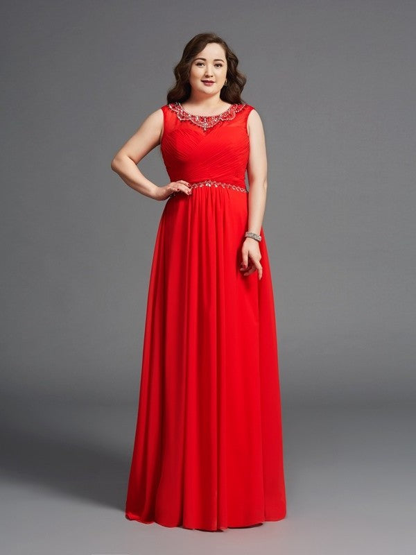 A-Line/Princess Scoop Beading Sleeveless Long Chiffon Plus Size Dresses DEP0003655