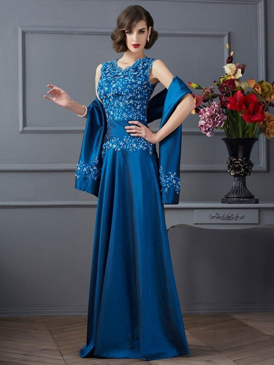 A-Line/Princess V-neck Sleeveless Beading Long Taffeta Mother of the Bride Dresses DEP0007375