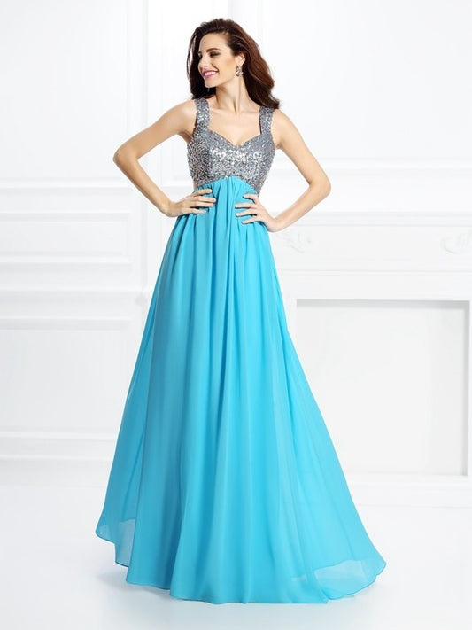 A-Line/Princess Straps Beading Sleeveless Long Chiffon Dresses DEP0004430