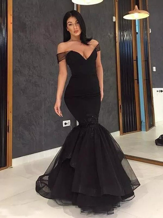 Trumpet/Mermaid Sleeveless Off-the-Shoulder Sweep/Brush Train Ruffles Tulle Dresses DEP0001724