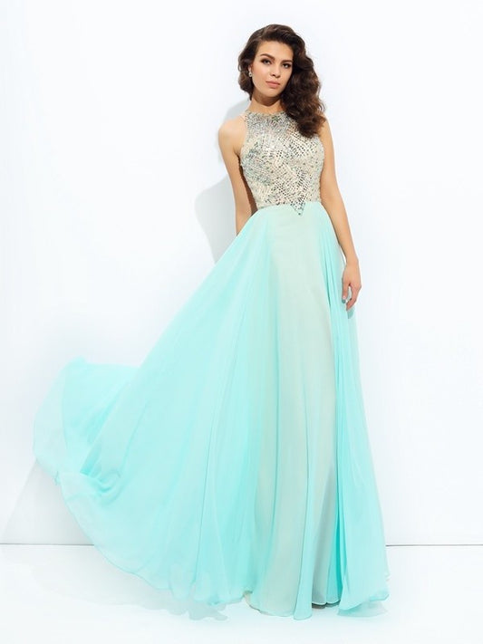 A-line/Princess Jewel Beading Sleeveless Long Chiffon Dresses DEP0002298